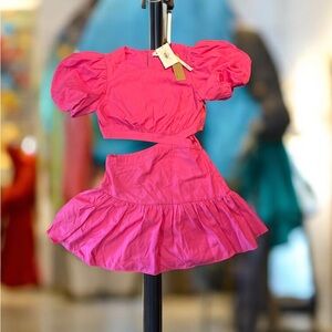 Do+Be Vibrant Pink Puff Sleeve Crop Top and Skirt Set